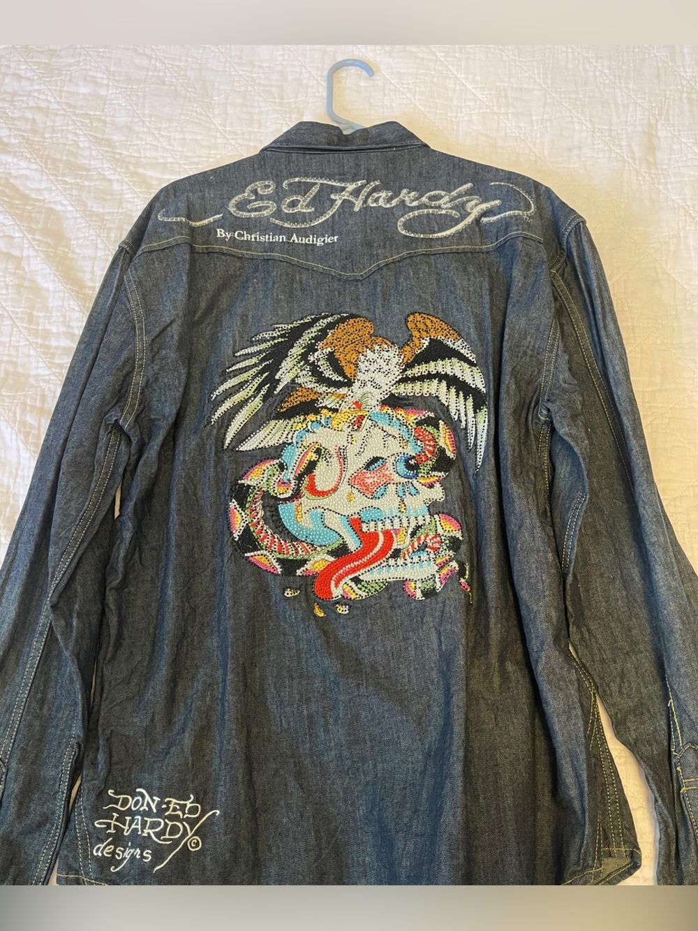 Y2K VTG Ed Hardy Christian Audigier Denim Western Cowboy Embroidered Skull XXL